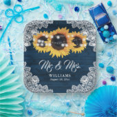 Navy Blue Rustic Wood Lace Sunflower Weddenschap Papieren Bordje (Feest)