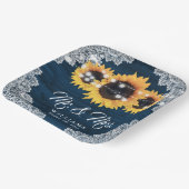 Navy Blue Rustic Wood Lace Sunflower Weddenschap Papieren Bordje (Gebogen)
