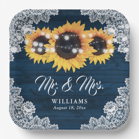 Navy Blue Rustic Wood Lace Sunflower Weddenschap Papieren Bordje (Voorkant)