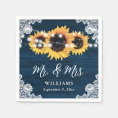 Navy Blue Rustic Wood Lace Sunflower Weddenschap Servet (Voorkant)