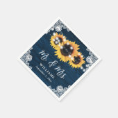 Navy Blue Rustic Wood Lace Sunflower Weddenschap Servet (Hoek)