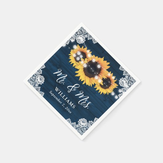 Navy Blue Rustic Wood Lace Sunflower Weddenschap Servet (Hoek)