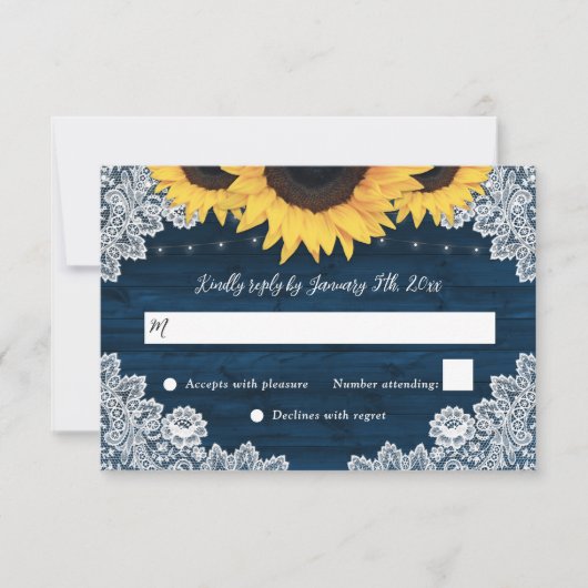 Navy Blue Rustic Wood Lace Sunflower Wedding RSVP (Voorkant)