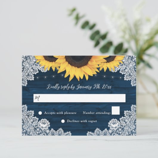 Navy Blue Rustic Wood Lace Sunflower Wedding RSVP (Staand voorkant)