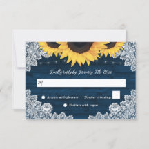 Navy Blue Rustic Wood Lace Sunflower Wedding RSVP