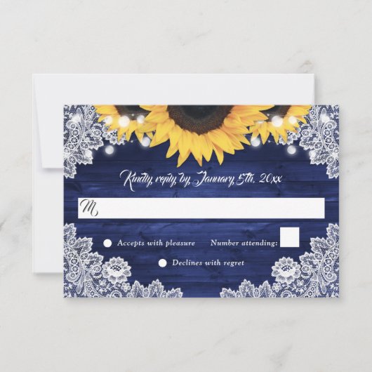 Navy Blue Rustic Wood Lace Sunflower Wedding RSVP Kaartje (Voorkant)