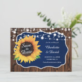 Navy Blue Rustic Wood Licht Zonnebloembruiloft Save The Date (Staand voorkant)