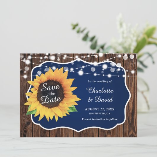Navy Blue Rustic Wood Licht Zonnebloembruiloft Save The Date (Staand voorkant)