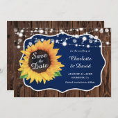 Navy Blue Rustic Wood Licht Zonnebloembruiloft Save The Date (Voorkant / Achterkant)