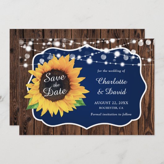 Navy Blue Rustic Wood Licht Zonnebloembruiloft Save The Date (Voorkant / Achterkant)