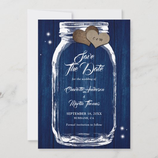 Navy Blue Rustic Wood Mason Jar Wedding Save The Date (Voorkant)