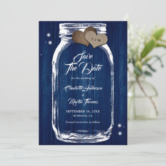Navy Blue Rustic Wood Mason Jar Wedding Save The Date (Staand voorkant)