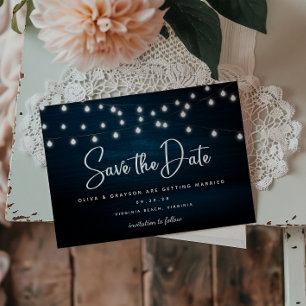 Navy Blue Rustic Wood String Lights bewaren de dat Briefkaart