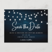 Navy Blue Rustic Wood String Lights bewaren de dat Briefkaart (Voorkant)