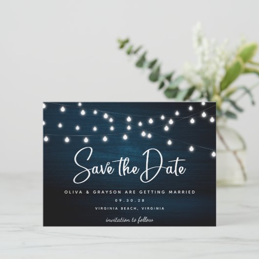 Navy Blue Rustic Wood String Lights Foto Save The Date (Staand voorkant)