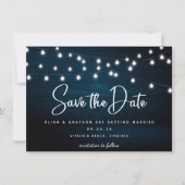 Navy Blue Rustic Wood String Lights Foto Save The Date (Voorkant)