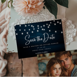 Navy Blue Rustic Wood String Lights Foto Save The Date