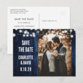 Navy Blue Rustic Wood String Lights Trouwfoto Aankondigingskaart (Voorkant / Achterkant)