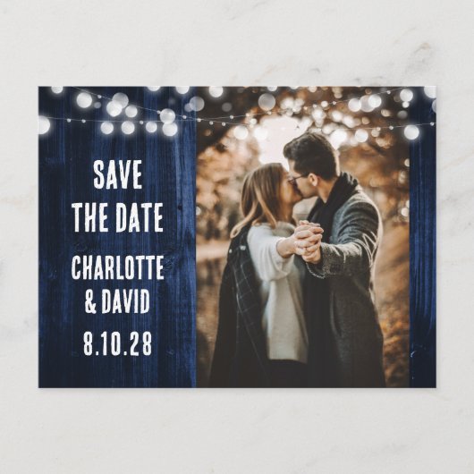 Navy Blue Rustic Wood String Lights Trouwfoto Aankondigingskaart (Voorkant)