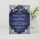 Navy Blue Rustic Wood String Lights Wedding Kaart (Staand voorkant)
