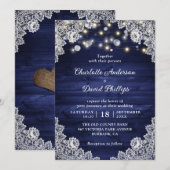 Navy Blue Rustic Wood String Lights Wedding Kaart (Voorkant / Achterkant)