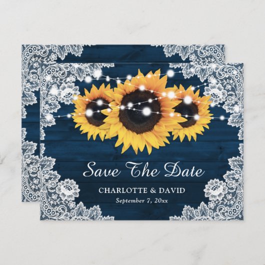 Navy Blue Rustic Wood Sunflower Wedding Aankondiging (Voorkant / Achterkant)