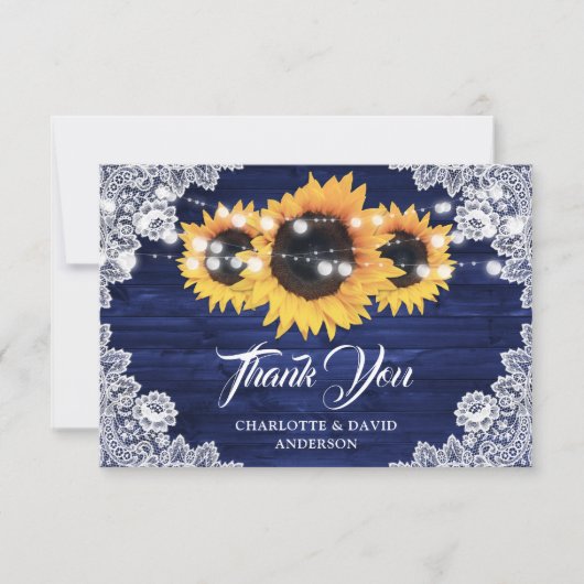 Navy Blue Rustic Wood Sunflower Wedding Bedankkaart (Voorkant)