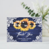 Navy Blue Rustic Wood Sunflower Wedding Bedankkaart (Staand voorkant)
