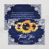 Navy Blue Rustic Wood Sunflower Wedding Bedankkaart (Voorkant / Achterkant)