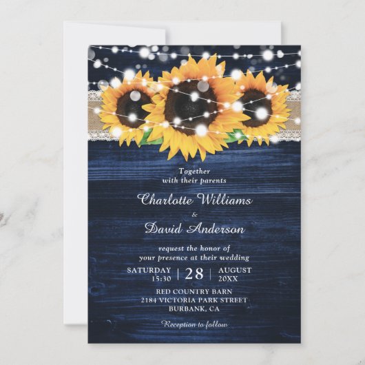 Navy Blue Rustic Wood Sunflower Wedding Kaart (Voorkant)