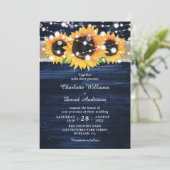 Navy Blue Rustic Wood Sunflower Wedding Kaart (Staand voorkant)