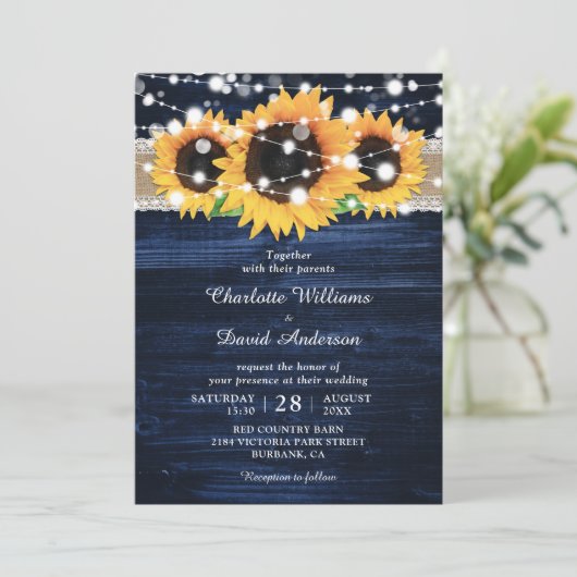 Navy Blue Rustic Wood Sunflower Wedding Kaart (Staand voorkant)