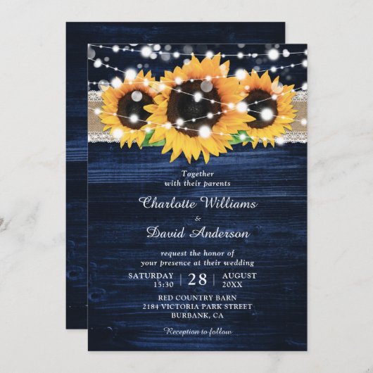 Navy Blue Rustic Wood Sunflower Wedding Kaart (Voorkant / Achterkant)