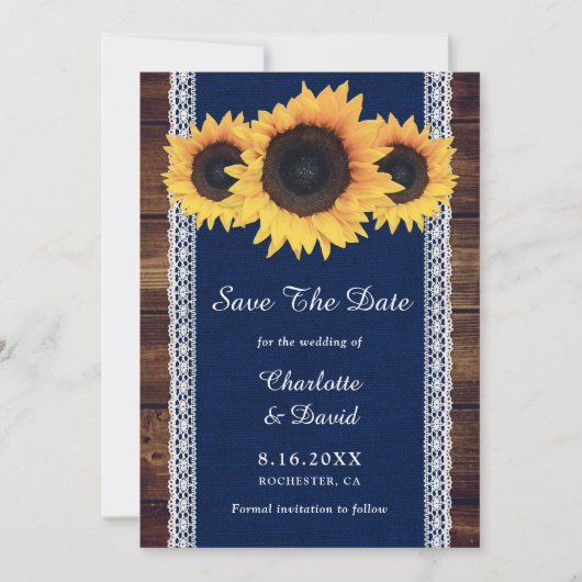 Navy Blue Rustic Wood Sunflower Wedding Save The Date (Voorkant)
