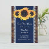 Navy Blue Rustic Wood Sunflower Wedding Save The Date (Staand voorkant)