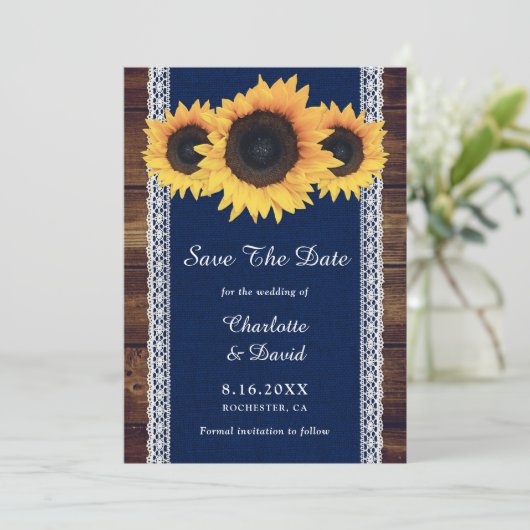 Navy Blue Rustic Wood Sunflower Wedding Save The Date (Staand voorkant)