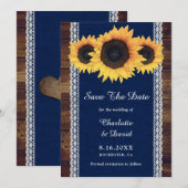 Navy Blue Rustic Wood Sunflower Wedding Save The Date (Voorkant / Achterkant)