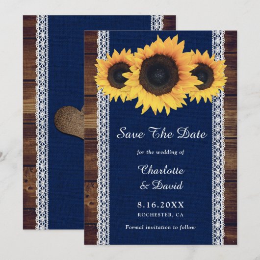 Navy Blue Rustic Wood Sunflower Wedding Save The Date (Voorkant / Achterkant)