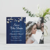 Navy Blue Rustic Wood Weddenschap Aankondiging (Staand voorkant)