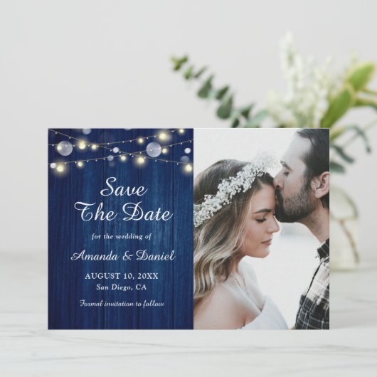 Navy Blue Rustic Wood Weddenschap Aankondiging (Staand voorkant)