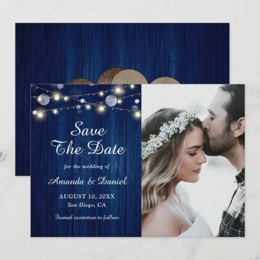 Navy Blue Rustic Wood Weddenschap Aankondiging (Voorkant / Achterkant)