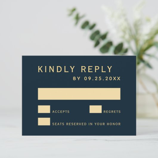 Navy Blue rustieke gouden cirkel bruiloft RSVP Kaa (Staand voorkant)