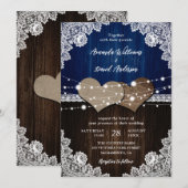 Navy Blue rustieke houten jute en kanten bruiloft Kaart (Voorkant / Achterkant)