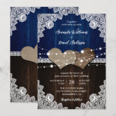 Navy Blue rustieke houten jute en kanten bruiloft Kaart (Voorkant / Achterkant)