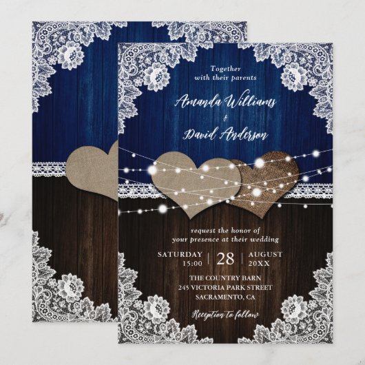 Navy Blue rustieke houten jute en kanten bruiloft Kaart (Voorkant / Achterkant)