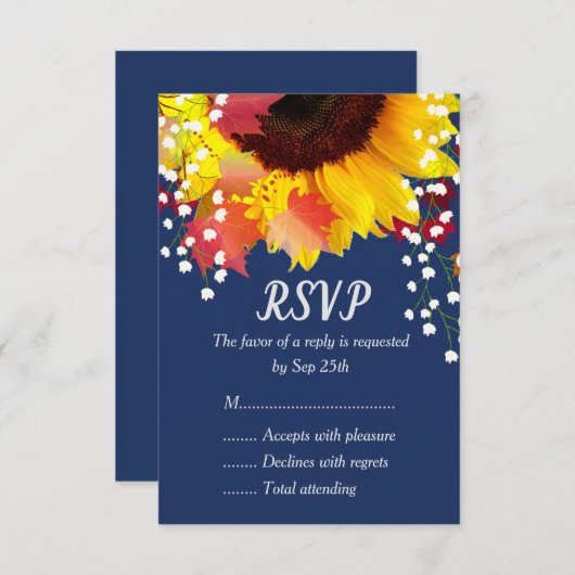 Navy Blue rustieke zonnebloem herfst bruiloft RSVP (Voorkant / Achterkant)