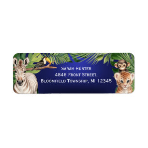 Navy Blue Safari dieren 1e verjaardag retour addre Etiket