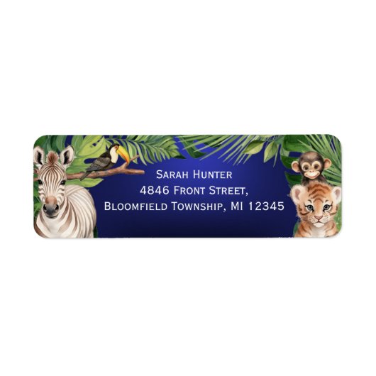 Navy Blue Safari dieren 1e verjaardag retour addre Etiket (Voorkant)