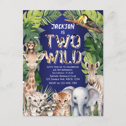 Navy Blue Safari thema twee wilde 2e verjaardag Uitnodiging Briefkaart (Voorkant)