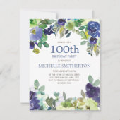 Navy Blue Sage Green Floral 100th Birthday Party Kaart (Voorkant)